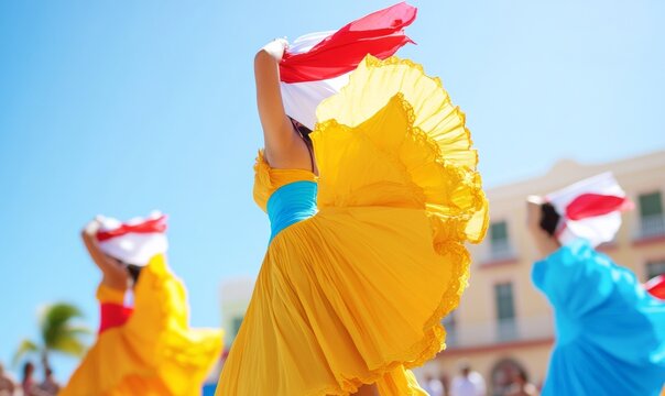 Festive Dance Celebration Discovery of Puerto Rico Day, Independence Day, Carnival - Vibrant and Energetic Plaza Performance