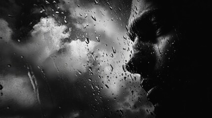 Emotional Portrait of a Reflective Individual Behind a Rain-Drenched Window with Dramatic Clouds and Lighting, Capturing a Moment of Introspection and Vulnerability