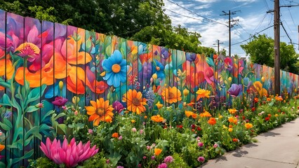 Fototapeta premium A colorful mural fence with street art set in an urban community garden filled with vibrant flower, Ai Generated