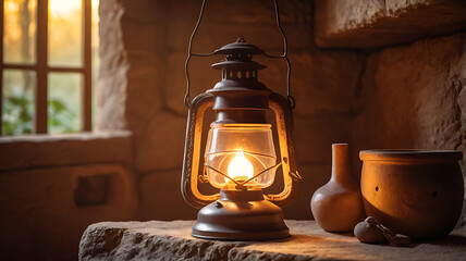 a glowing oil lamp inside a stone hut