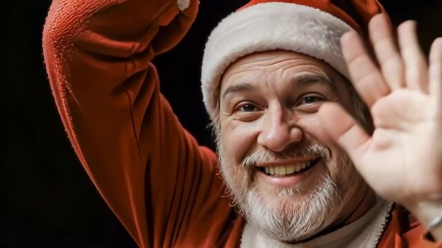 Portrait of cute emotional Santa Claus in red traditional suit.