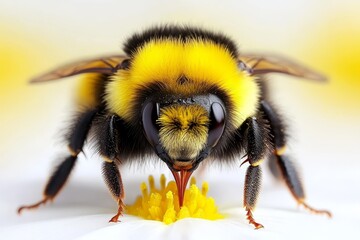  a close up of a bumblebee on a daisy flower, with a blurred background The bee is in focus, while the flower is slightly out of focus, giving the image a dreamy qu