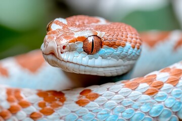 Obraz premium a close up of a corn snake with its mouth open, its scales glistening in the light The background is slightly blurred, emphasizing the focus on the snake