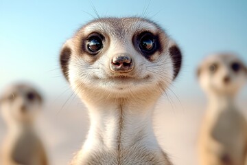 Fototapeta premium a meerkat looking at the camera with three other meerkats in the background, all of which are slightly blurred