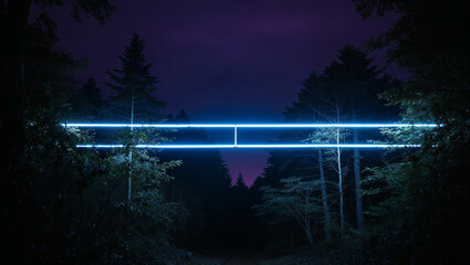 Dual blue lines hover in twilight woodland creating contrast