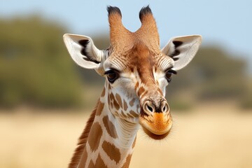 Obraz premium a close up of a giraffe looking at the camera with a blurred background