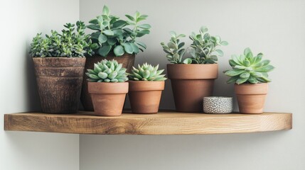 Fototapeta premium Collection of Various Succulent Plants in Different Terracotta and Wood Pots Arranged on a Minimalist Wooden Shelf Against a Soft Neutral Background
