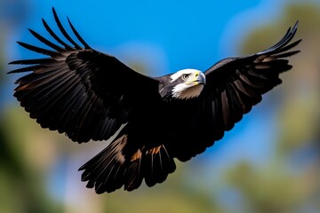 Obraz premium a majestic bald eagle soaring through the sky with its wings spread wide, its white head and tail feathers standing out against the blurred background