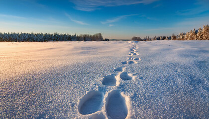 Footsteps in fresh snow lead across a vast winter landscape at sunrise