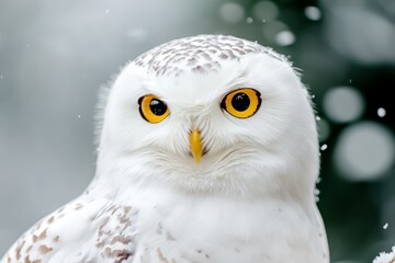 Naklejka premium a snowy owl with yellow eyes perched atop a snow-covered ground, its white feathers blending in with the blurred background