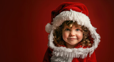 Fototapeta premium Sweet little girl child smile while wearing red Santa Claus hat for Christmas, copy space on dark red background