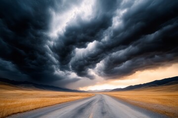  a road winding through a desert landscape, with dry grass on either side and mountains in the background The sky is filled with dark, ominous clouds, creating a dr