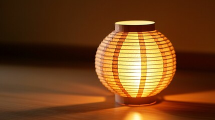 Fototapeta premium Craftsmanship and creativity in paper art. A cozy, glowing lantern with a warm light, made of bamboo slats, creating an inviting atmosphere.