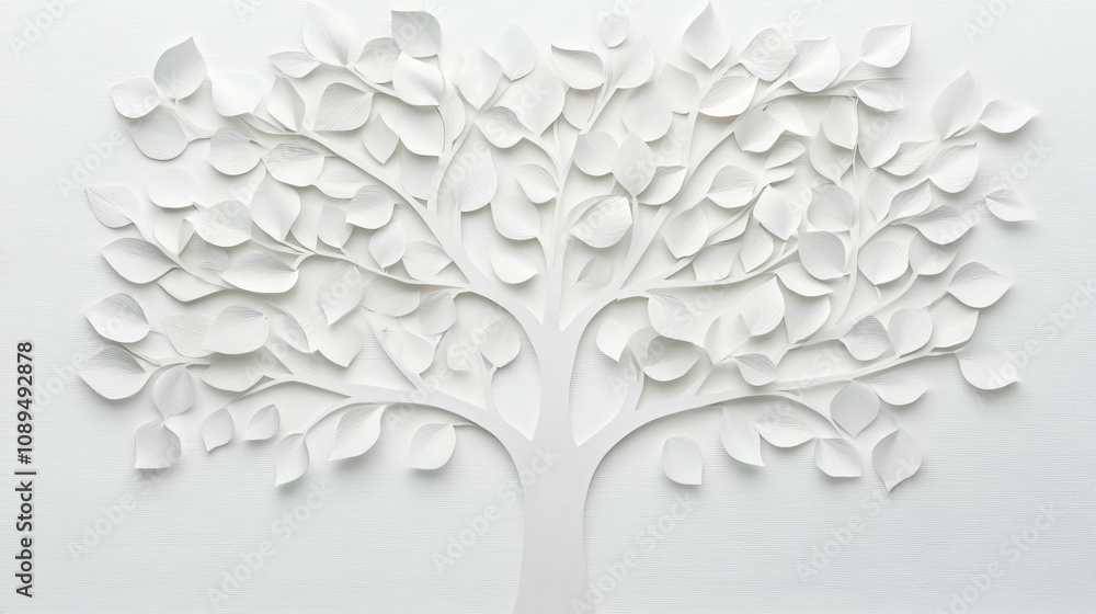 Poster craftsmanship and creativity in paper art. a minimalist white tree artwork with intricately shaped l
