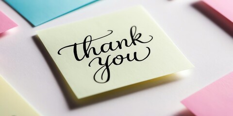 A sticky note in pastel colors with a handwritten ?Thank You? in clear, flowing letters, with plenty of breathing room around the edges. 4