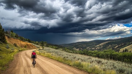 Fototapeta premium Cyclist Riding on Dirt Road Surrounded by Dramatic Storm Clouds and Lush Green Landscape in Mountainous Region