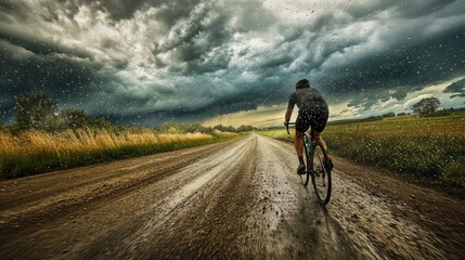 Fototapeta premium Cyclist Riding on a Gravel Road Under a Dark Stormy Sky with Dramatic Clouds and Pouring Rain, Capturing the Essence of Adventure and Nature's Beauty