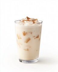 Clear Glass of Horchata with Cinnamon Powder Topping, Isolated on White Background