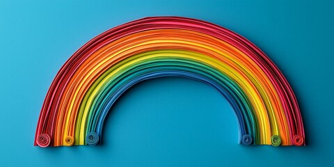 Obraz premium Craftsmanship and creativity in paper art. A vibrant, colorful rainbow made of curved lines against a blue background, symbolizing joy and diversity.