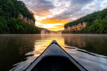 Fototapeta premium a person in a canoe paddling down a river at sunset, surrounded by trees on either side and hills in the background The sky is filled with clouds, creating a peace