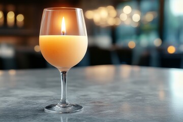  a glass filled with a candle sitting on top of a table, with a blurred background The candle is lit, illuminating the glass and giving off a warm, inviting glow