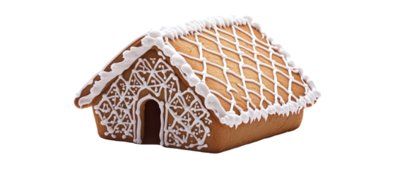 Delicious gingerbread house with icing details. transparent background