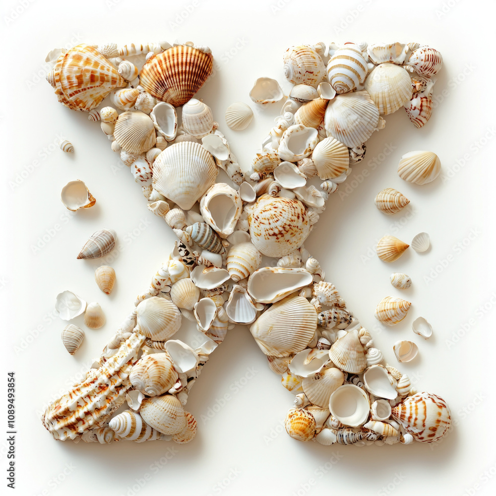 Poster design features letter x artfully assembled using diverse array seashells displaying unique shapes a