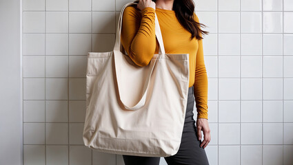 Person holding a large beige tote bag against tiled background.