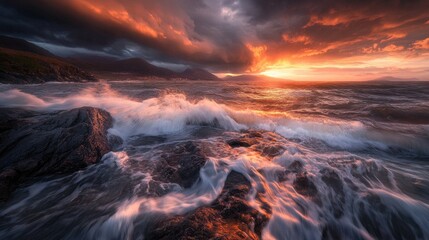 Fototapeta premium Dramatic Sunset Over Ocean Waves and Rocky Shoreline with Fiery Skies and Cloudy Background Captured in Majestic Natural Landscape