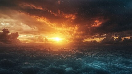 Obraz premium Breathtaking Sunrise Over Dramatic Clouds with Rain Showers and Glowing Sky, Capturing Nature's Beauty and Serenity in a Stunning Landscape