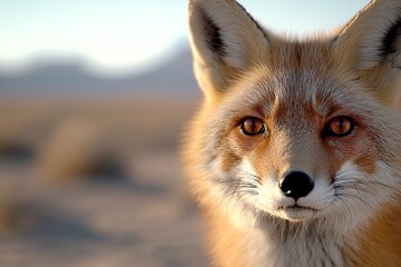 Obraz premium a close up of a red fox in the desert, with a blurred background The fox is looking directly at the camera, giving the viewer a clear view of its features