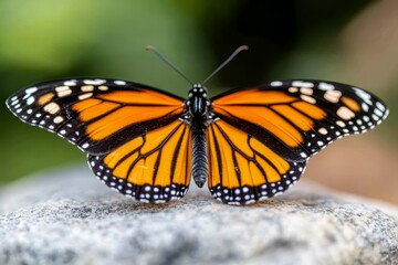  a monarch butterfly resting on a rock, its wings spread wide and its vibrant orange, black, white and brown colors standing out against the blurred background