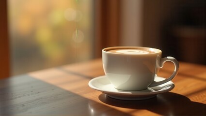 A white cup of coffee with latte art on a wooden table, sunlight streaming in, warm and inviting atmosphere. Generative, AI,