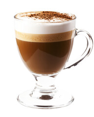 Layered Cappuccino in Clear Glass with Coffee and Foam on White Background