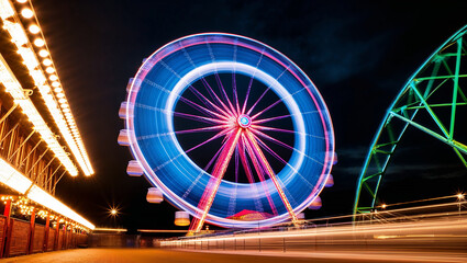Brightly Lit Ferris Wheel Twirls with Vivid Colors at Dark