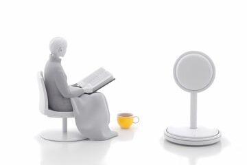 Cozy Indoor Scene Featuring a Person Reading a Book in a Comfortable Chair with a Cup of Tea and a Modern Minimalist Fan for a Relaxing Atmosphere