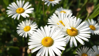 A close-up of wild daisies, gentle sunlight illuminating their delicate petals