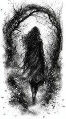 Fototapeta premium a black and white drawing of a woman walking through a forest, with a tree in the background The woman is wearing a long, dark cloak and has a determined expressio