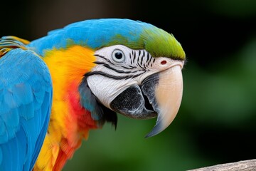 Fototapeta premium a blue and yellow macaw perched atop a tree branch, its vibrant feathers standing out against the blurred background