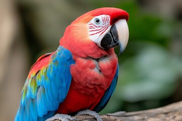  a vibrant parrot perched atop a tree branch, its feathers a mix of red, blue, yellow and green The background is slightly blurred, giving the bird a sense of focus