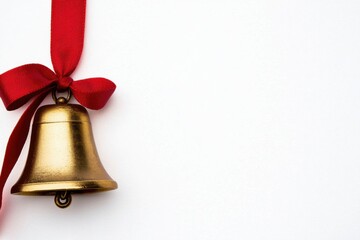 Christmas decoration and ornament, A festive gold bell hangs from a red ribbon, set against a clean white background, evoking holiday cheer and celebrations.