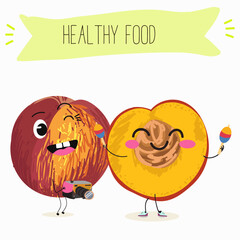 Nectarine fruit cute funny cheerful characters with different poses and activities. Natural vitamin antioxidant detox food collection. Vector hand drawn illistration.
