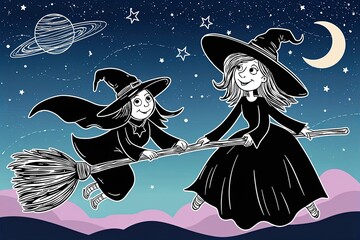 Naklejka premium Playful Adventurous Witch Exploring the Night Sky on a Broom - Whimsical Line Art Sketch Collection for T-Shirt Graphic Design