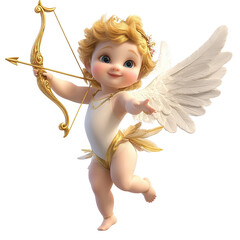 Fototapeta premium A playful angelic cherub with golden wings and a bow, spreading joy and love in a whimsical, enchanting scene.3d rendering isolate on white background