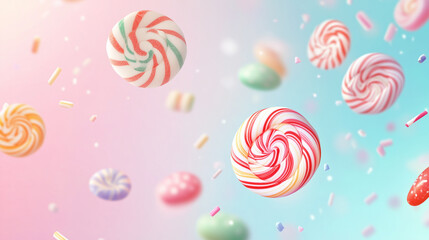 colorful of candy falling in the air isolated on pastel background. 