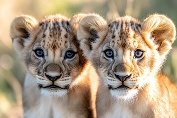  two lion cubs standing next to each other in the wild, with a blurred background The cubs are...