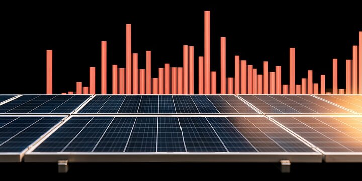 A close-up of solar panels with a vibrant bar graph in the background, illustrating energy production or efficiency trends.