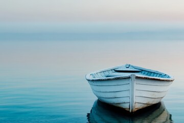 Fototapeta premium a small white boat floating on top of a body of water, with the sky in the background