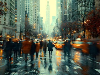 Busy Urban Street Scene with Colorful Taxis and Blurred Pedestrians Amidst Skyscrapers and a Foggy...