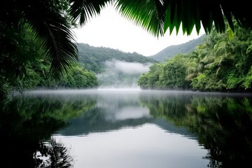 Fototapeta premium a tranquil lake surrounded by lush green trees and mountains in the background, with a clear blue sky above